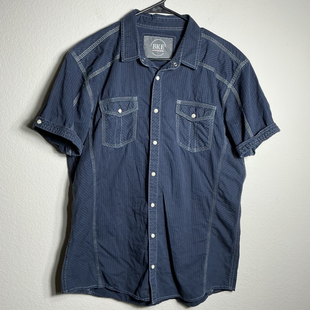 BKE Button Down Shirt Men XL Navy Blue Tailored Fit Short Sleeve Contrast Stitch